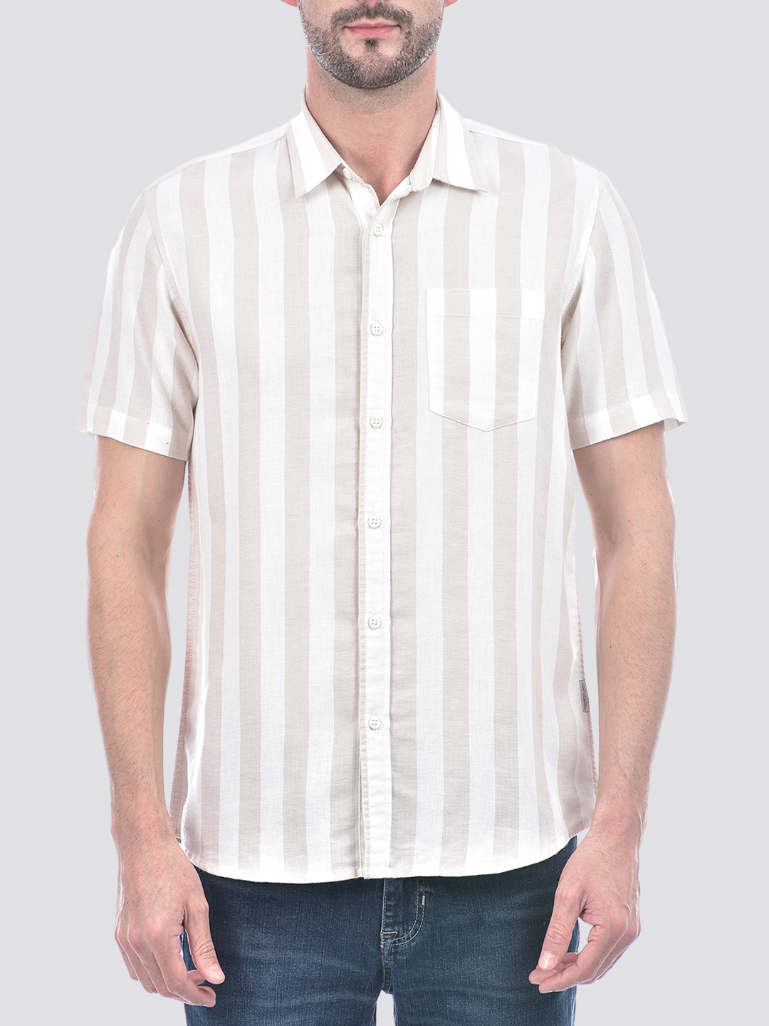 Numero Uno Men Striped Beige Shirt
